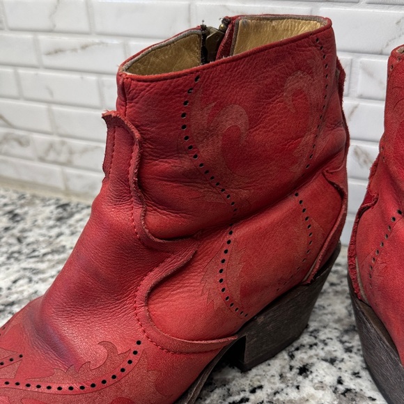 Women's Red Leather Western Ankle Booties - Stylish Embossed Design - Picture 9 of 16